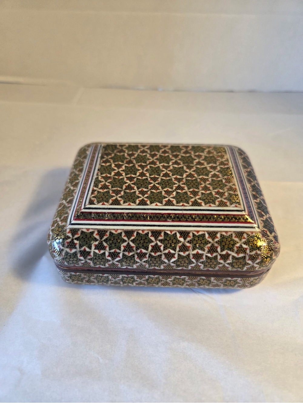 Khatam Inlaid Persian Micro Mosaic Domed Trinket Box with Hinged Lid